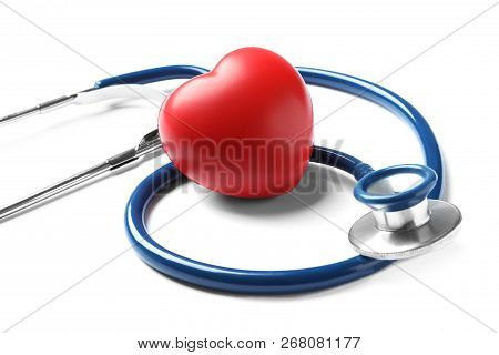 Stethoscope For Checking Pulse And Red Heart On White Background