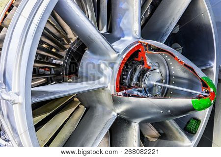 Creative Abstract Aviation Industry Technology Concept: Macro View Of The Airliner Turbojet Turbine 