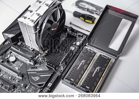 Uzhgorod, Ukraine - October 25, 2018: Motherboard Asus Rog Crosshair Vii Hero With Installed Cooler 