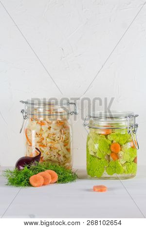 Home Made Cultured Vegetables In Jars Fermenting To Be Used As A Probiotic Food. Canned Food Concept
