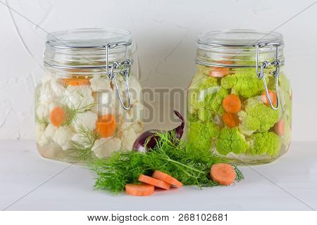Home Made Cultured Vegetables In Jars Fermenting To Be Used As A Probiotic Food. Canned Food Concept