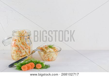 Home Made Cultured Vegetables In Jars Fermenting To Be Used As A Probiotic Food. With Copy Space