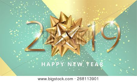 2019 Number Happy New Year Celebration Modern Gold Background With Gift Ribbon Bow And  Glitter Conf