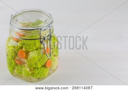 Home Made Cultured Vegetables In Jars Fermenting To Be Used As A Probiotic Food. Canned Food Concept