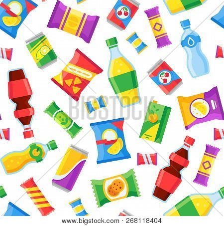 Snacks And Drinks Seamless Pattern. Fast Food Snacking Bags And Soda Bottles. Vending Machine Produc