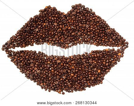 Roasted Coffee Beans In The Form Of A Human Mouth On White Background, Isolated