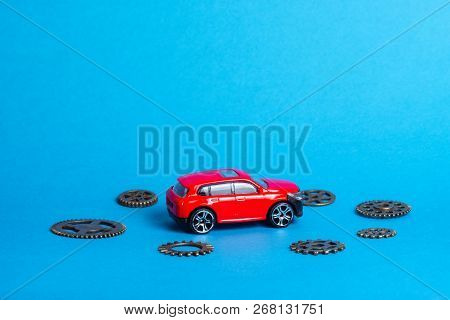 Red Car Around Which Are Scattered The Gears, The Elucidation Of The Causes Of A Car Breakdown, Blue