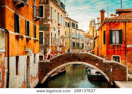 Traitional Venice Canal With Bridge And Old Houses, Italy, Retro Toned