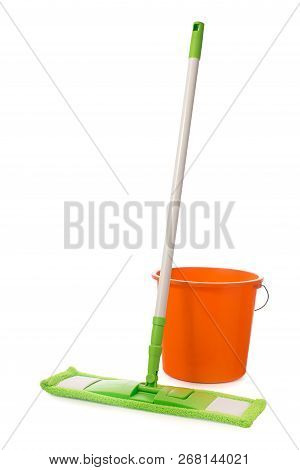 Mop With Green Microfiber Rag, White Plastic Handle And Orange Bucket  Isolated On A White Backgroun