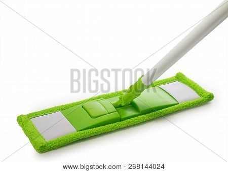 First Person View Of Mop With Green Microfiber Rag And White Plastic Tubular Handle Isolated On A Wh