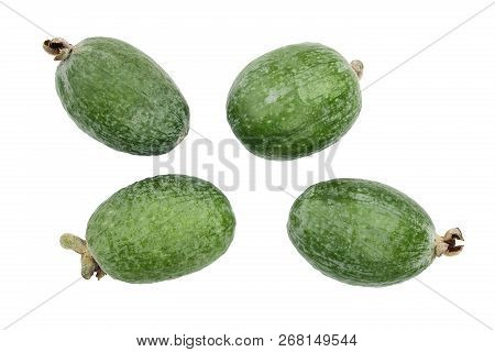 Tropical Fruit Feijoa Acca Sellowiana Isolated On White Background. Top View. Flat Lay Pattern
