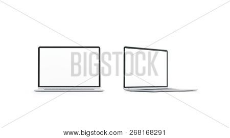 Blank White Laptop Screen Mockup Set, Front And Side View, 3d Rendering. Empty Digital Display Mock 