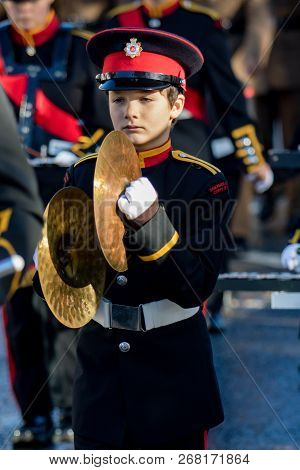 Sandhurst, United Kingdom, 11th November 2018:- Cadets From Sandhurst Corps Of Drums March To Sandhu