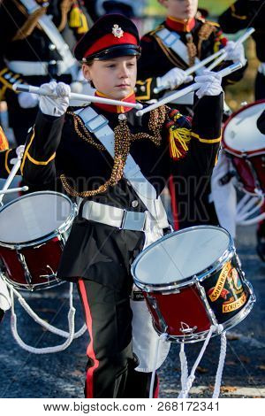 Sandhurst, United Kingdom, 11th November 2018:- Cadets From Sandhurst Corps Of Drums March To Sandhu