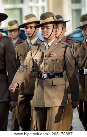 Sandhurst, United Kingdom, 11th November 2018:- British Soldiers From The Gurkhas March To Sandhurst