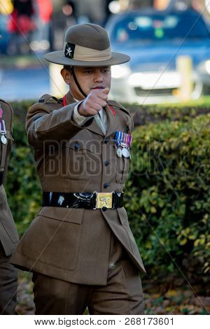 Sandhurst, United Kingdom, 11th November 2018:- British Soldiers From The Gurkhas March To Sandhurst