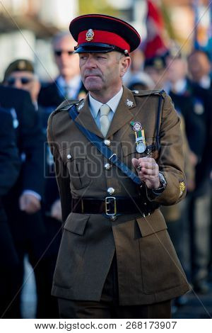 Sandhurst, United Kingdom, 11th November 2018:- British Soldiers March To Sandhurst War Memorial On 
