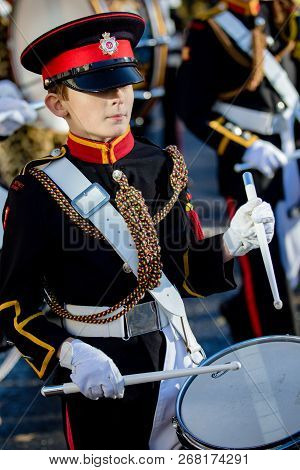 Sandhurst, United Kingdom, 11th November 2018:- Cadets From Sandhurst Corps Of Drums March To Sandhu