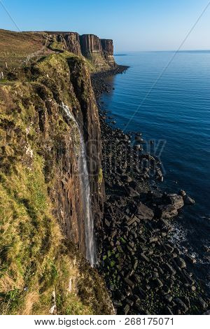 Kilt Rock And Mealt Falls Viewpoint, Highland, Isle Of Skype, Scotland, Uk. Vertical. Cliff View