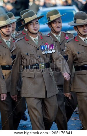 Sandhurst, United Kingdom, 11th November 2018:- British Soldiers From The Gurkhas March To Sandhurst
