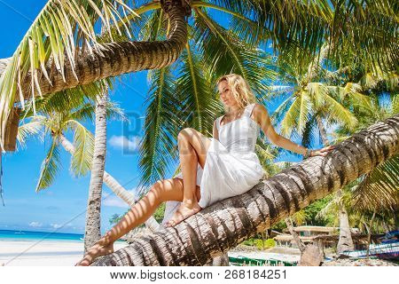 Blonde Bride On The Coconutpalm. Wedding And Honeymoon On A Tropical Island. Summer Vacation Concept