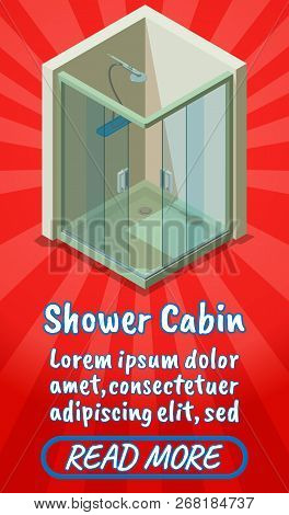 Shower Cabin Concept Banner. Isometric Banner Of Shower Cabin Comics Vector Concept For Web, Giftcar