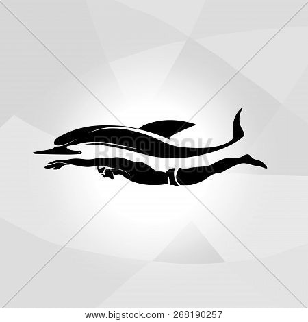Professional Swimmer Dolphin Vector Logo Ocean Sea Wave Label