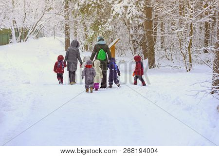 Group Of Unrecognizable Litle Kids With Teachers Of Kindergarten, Back To Us, Walk Holding Hands In 
