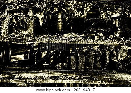 Close Up Damaged Supermarket Glass Plastic Bottles After Arson Fire With Burn Black Dark Debris Afte