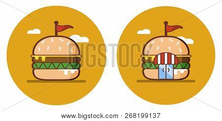 Flat Icon Of The Burger Shop. Logo Sign Hamburger. Vector Fast Food Illustration.