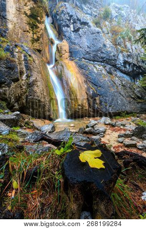 Waterfall In Forest Landscape Long Exposure Flowing Over Rocks