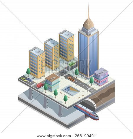 Vector Isometric City With Metro, Stores And Street Elements. Isolated Town Illustration.