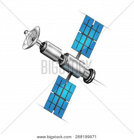 Realistic Space Satellite Icon. Vector Illustration. Isolated On White Background. Wireless Technolo