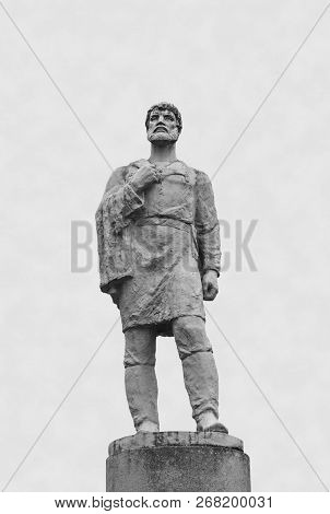 Veliky Ustyug, Russia - September 07, 2013: Monument To Russian Traveler Semyon Dezhnev. Monochrome 