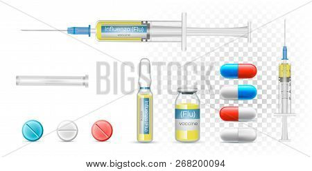 Vaccine Influenza (flu) In A Syringe. Vector Realistic Pharmaceutical Capsules, Transparent Bottle A