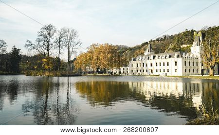 Magical Autumn Lake Landscape In The Park Of Castle Hernstein In Austria