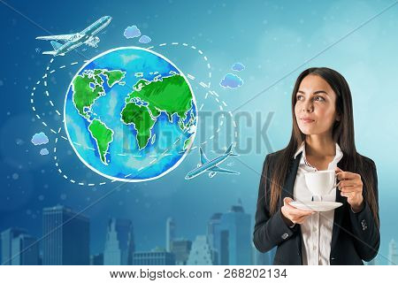 Attractive European Businesswoman Standing On Blue Background With Travel Globe With Ariplane Sketch