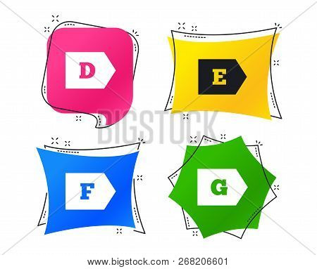 Energy Efficiency Class Icons. Energy Consumption Sign Symbols. Class D, E, F And G. Geometric Color