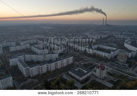 Aerial View Of Town In Autumn At Sunset. Energodar, Ukraine. The Satellite City Of Europe's Most Ato