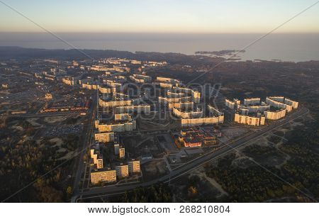 Aerial View Of Town In Autumn At Sunset. Energodar, Ukraine. The Satellite City Of Europe's Most Ato