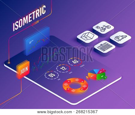 Isometric Vector. Set Of Package, Bicycle Parking And Truck Parking Icons. Delivery Pack, Bike Park,