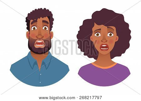 Portrait Of African Man And Woman. Emotions Of African American Woman Face. Facial Expression Men Ve