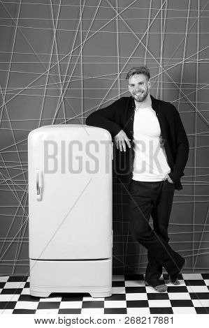 Bright Fridge Household Appliances Interior Object. Designer Adding Accent To Interior. Man Lean Ret