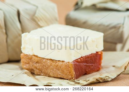 Traditional Colombian Sweet From The Velez Town In Santander Called Bocadillo Served With White Chee