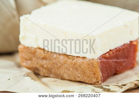 Traditional Colombian Sweet From The Velez Town In Santander Called Bocadillo Served With White Chee