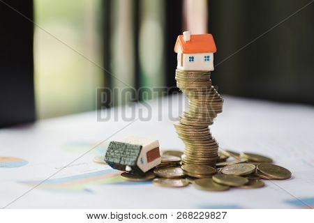 House Model On Top Of Stack Of Money As Growth Of Mortgage Credit, Concept Of Property Management. I