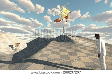 Man in white suit in surreal desert scene. Ship in sky drops anchor. 3D rendering