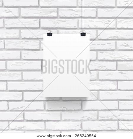 White Paper Sheet Hanging On Paper Clips Isolated On Brick Wall Background. Vector Design Element.