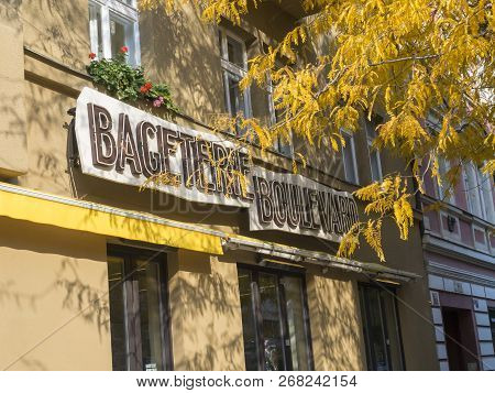 Czech Republic, Prague, Karlin, October 18, 2018: Bageterie Boulevard Sandwich Store Sign On Old Hou