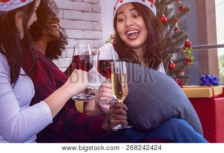 Christmas Party With Champagne Glasses On New Year Party.